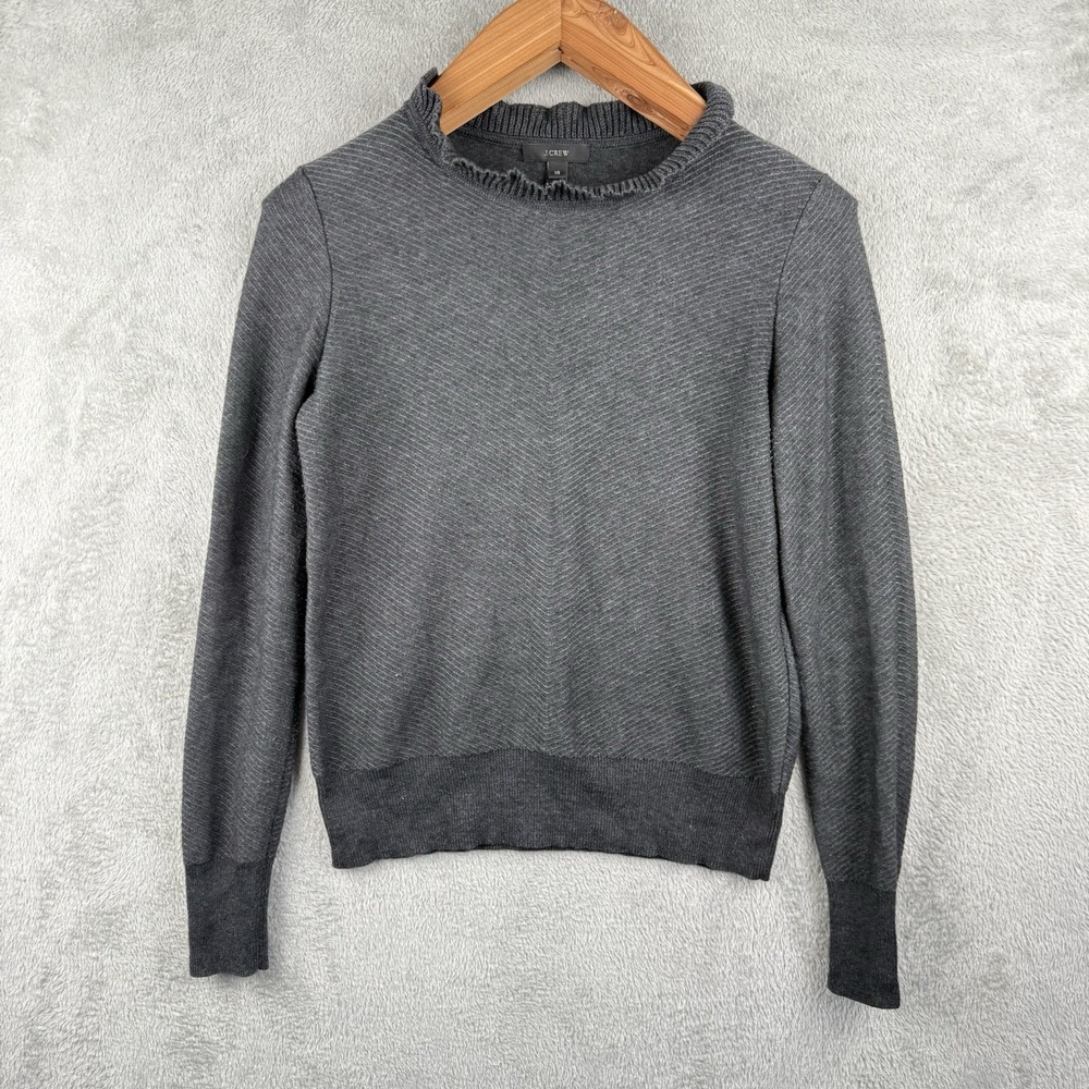 J.Crew Sweater Womens XS‎ Ruffle Neck Pullover Cotton Wool Blend Gray Preppy L/S